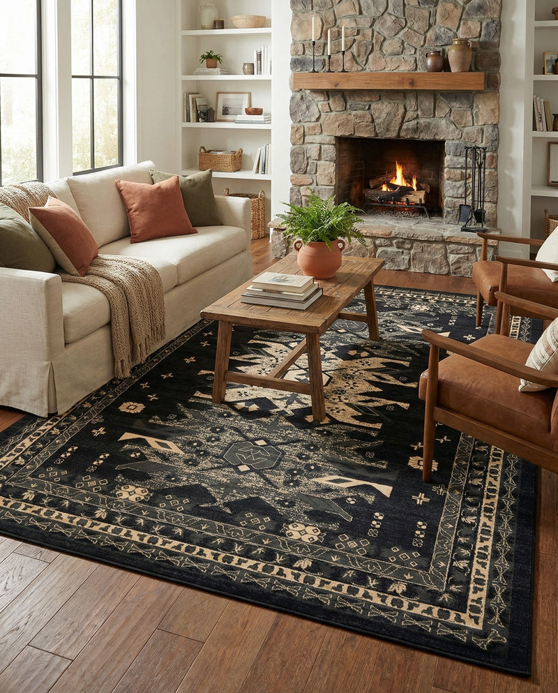 Tabriz Tapestries Collection Area Rug - Azerbaijan (Black) Rectangle Black  lifestyle 25