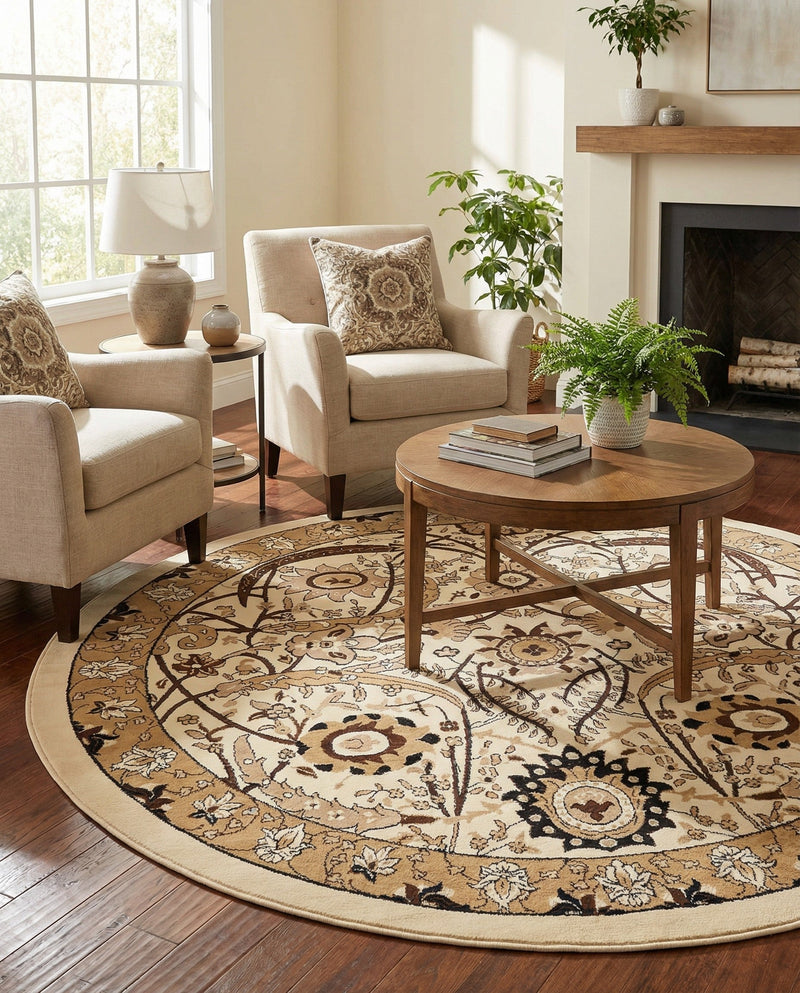 Tabriz Tapestry Collection Area Rug - Sahand (Ivory) Round Ivory  lifestyle 34