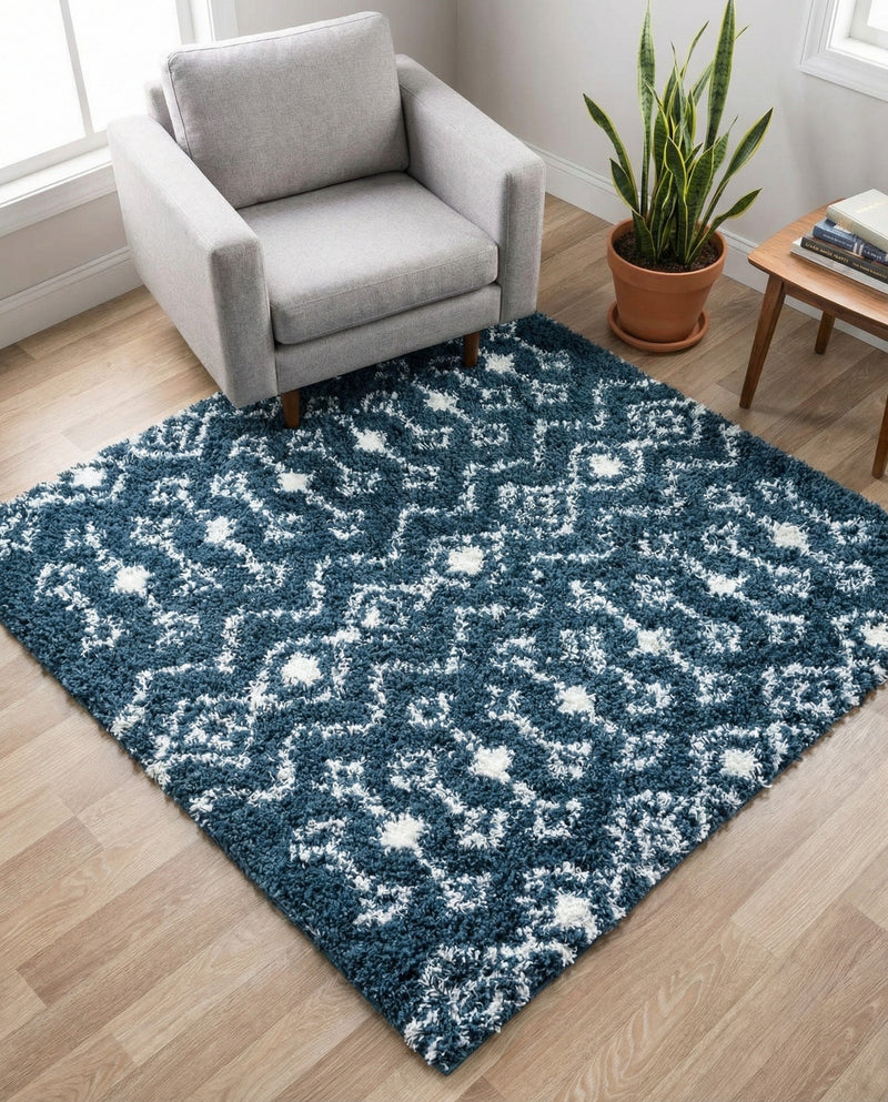 Berber Lattice Shag Collection Area Rug - Atlas (Navy Blue) Square Navy Blue  lifestyle 49
