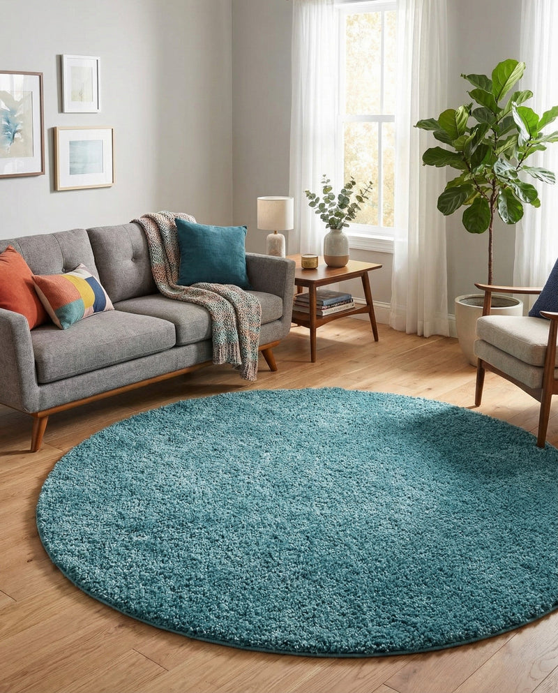 Cozy Comfort Shag Collection Area Rug - Haven (Turquoise) Round Turquoise  lifestyle 32