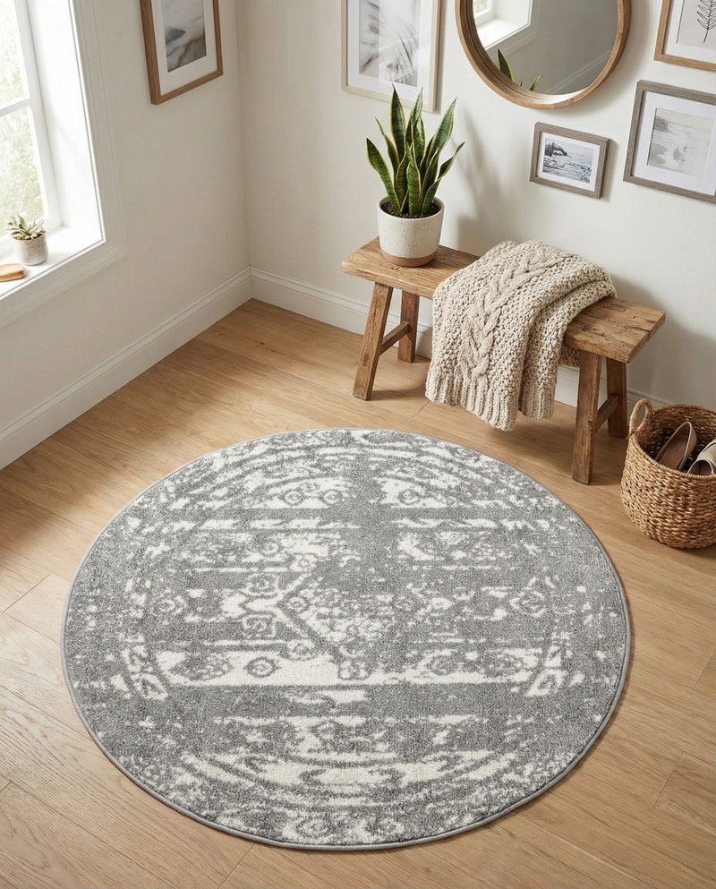 Brighton Stripes Collection Area Rug - Sussex (Gray and Ivory) Round Gray and Ivory  lifestyle 25