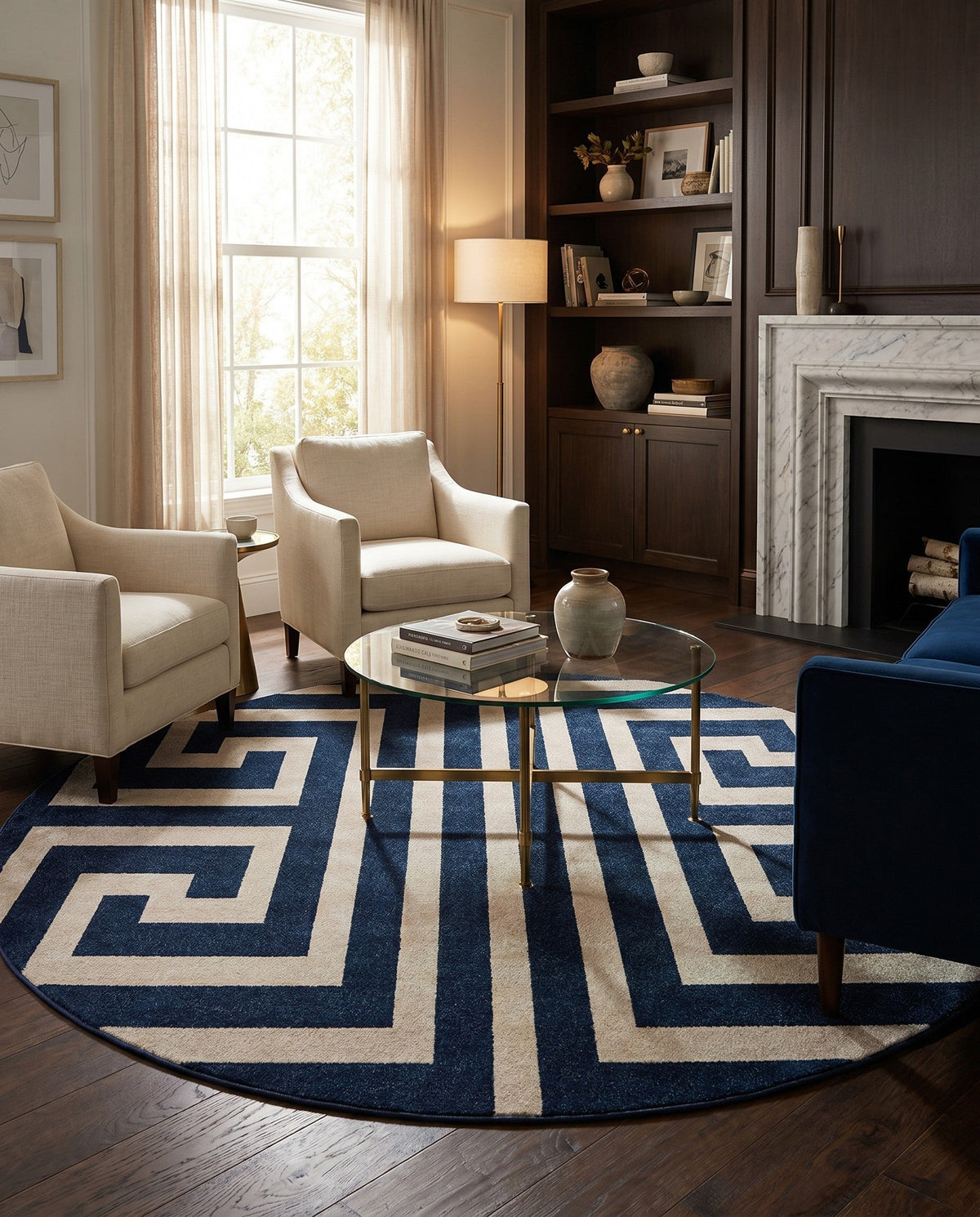 Aegean Labyrinth Collection Area Rug -  Mykonos Round Navy Blue  lifestyle 85