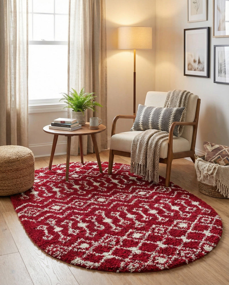 Berber Lattice Shag Collection Area Rug - Atlas (Burgundy Red) Oval Burgundy Red  lifestyle 38