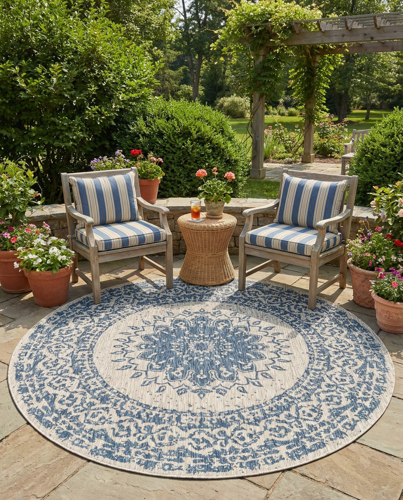 Patio Heritage Collection Area Rug -  Lafayette (Blue) Round Blue  lifestyle 80