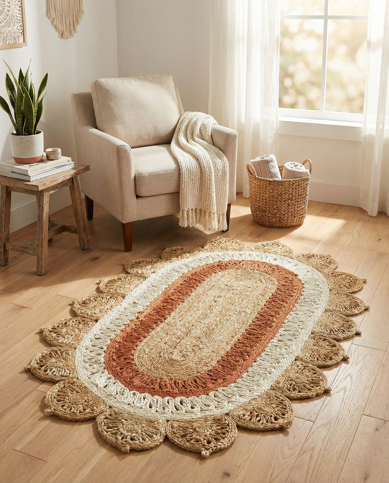 Woven Seaside Jute Collection Area Rug - Coastalhaven (Natural White Orange Pink) Oval Natural White Orange Pink  lifestyle 33
