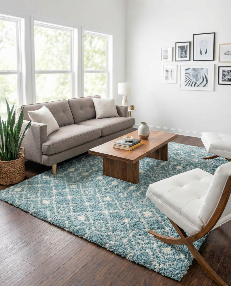 Berber Lattice Shag Collection Area Rug - Atlas (Light Blue) Rectangle Light Blue  lifestyle 6
