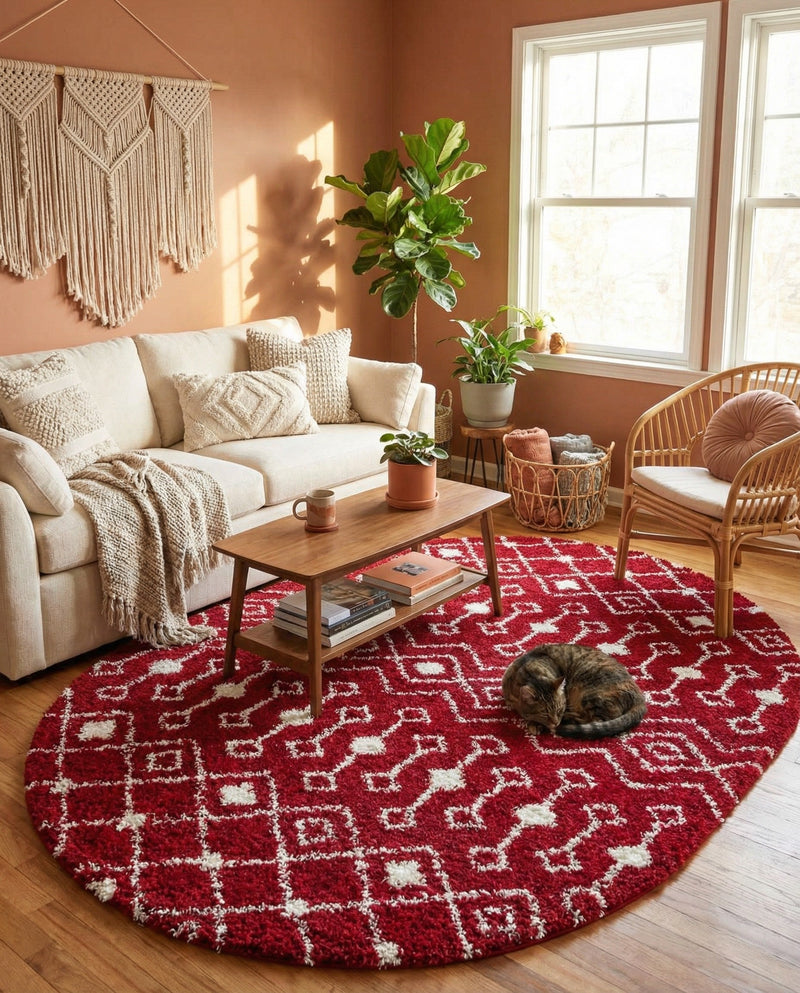 Berber Lattice Shag Collection Area Rug - Atlas (Burgundy Red) Oval Burgundy Red  lifestyle 39