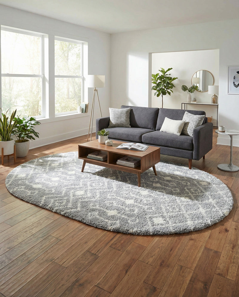 Berber Lattice Shag Collection Area Rug - Atlas (Gray) Oval Gray  lifestyle 42