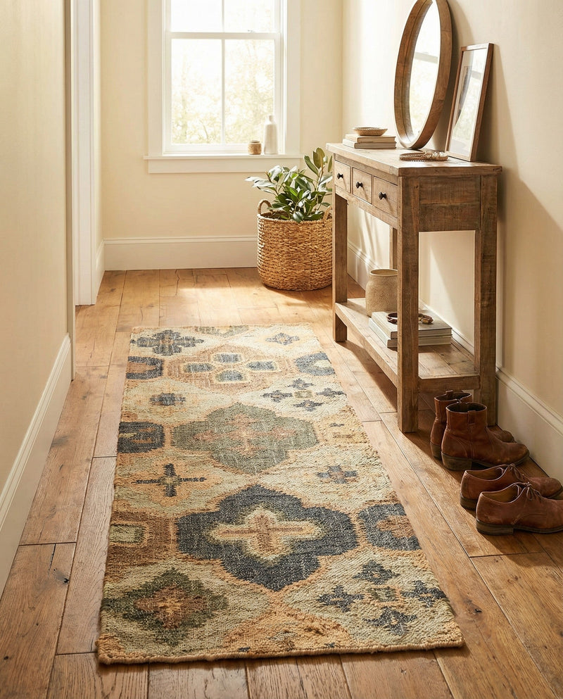 Benares Handwoven Jute Collection Area Rug - Ganges Runner Blue and Green  lifestyle 62