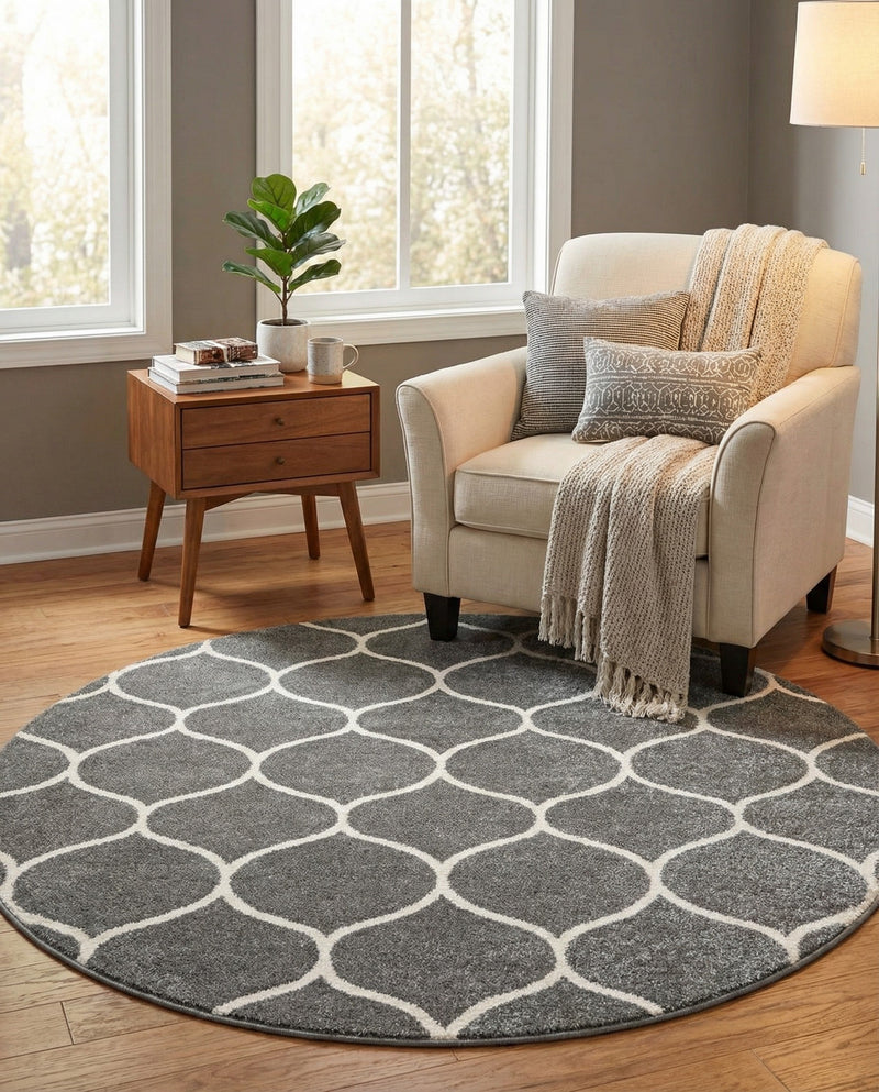 Trellis Mosaic Collection Area Rug -  Pergolatown (Dark Gray) Round Dark Gray  lifestyle 41