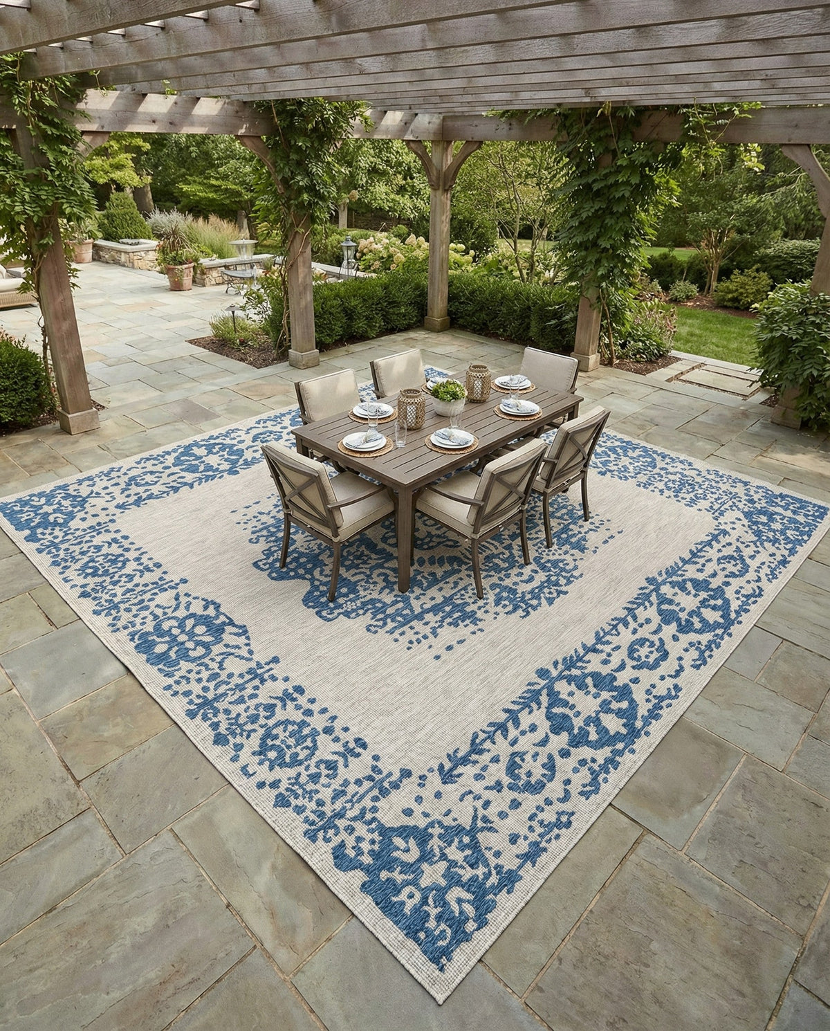 Patio Heritage Collection Area Rug - Savannah (Blue) Square Blue  lifestyle 123