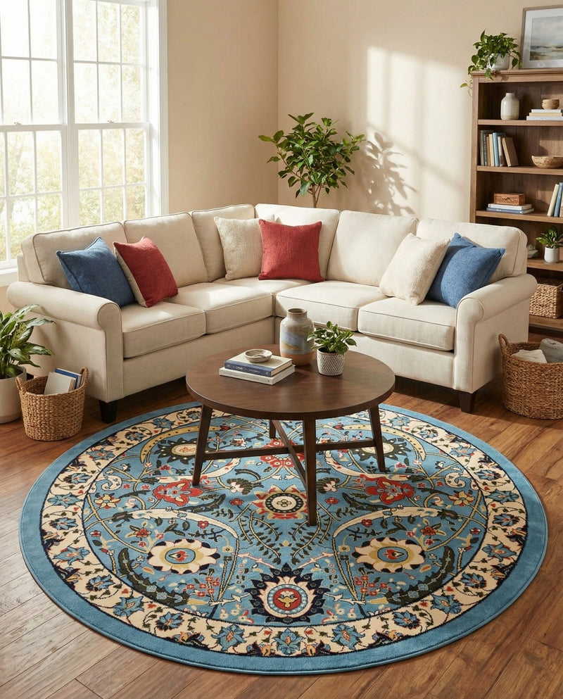 Tabriz Tapestry Collection Area Rug - Sahand (Blue) Round Blue  lifestyle 54