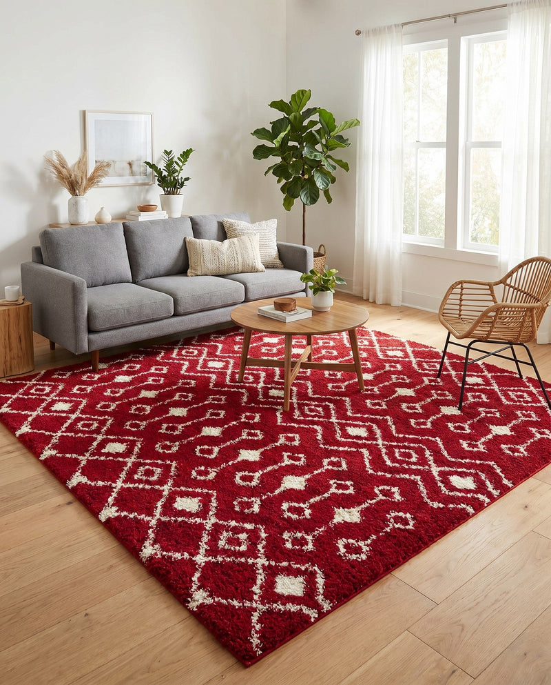 Berber Lattice Shag Collection Area Rug - Atlas (Burgundy Red) Square Burgundy Red  lifestyle 64