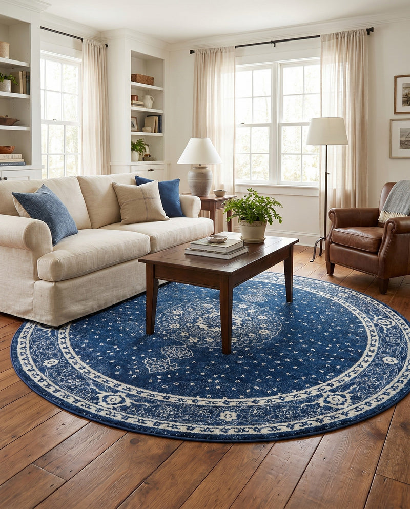 Dover Terrace Collection Area Rug - Marina (Navy Blue) Round Navy Blue  lifestyle 46