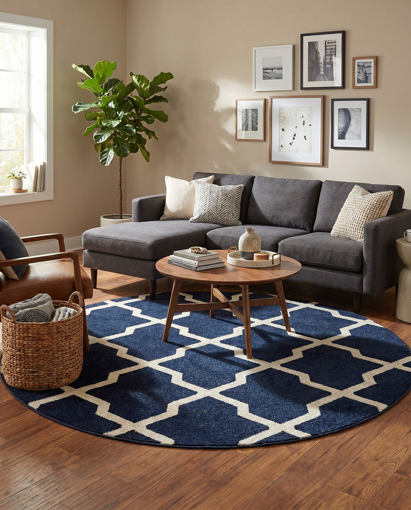 Lattice Gardens Collection Area Rug -  Floratown Round Navy Blue  lifestyle 37