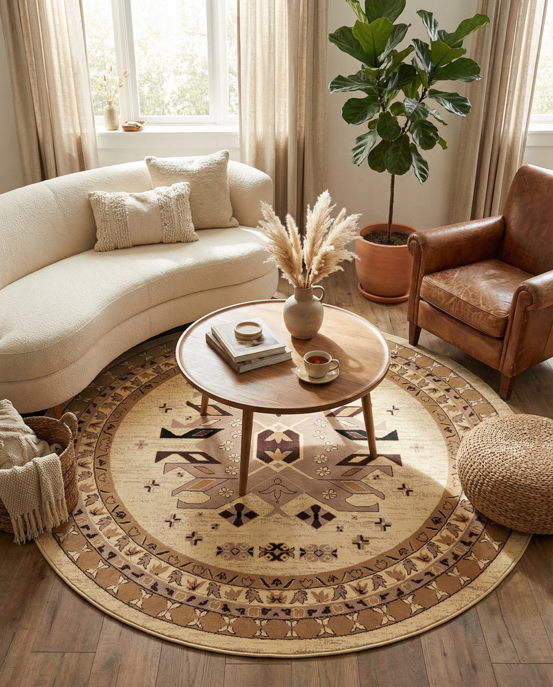 Tabriz Tapestries Collection Area Rug - Azerbaijan (Ivory) Round Ivory  lifestyle 59