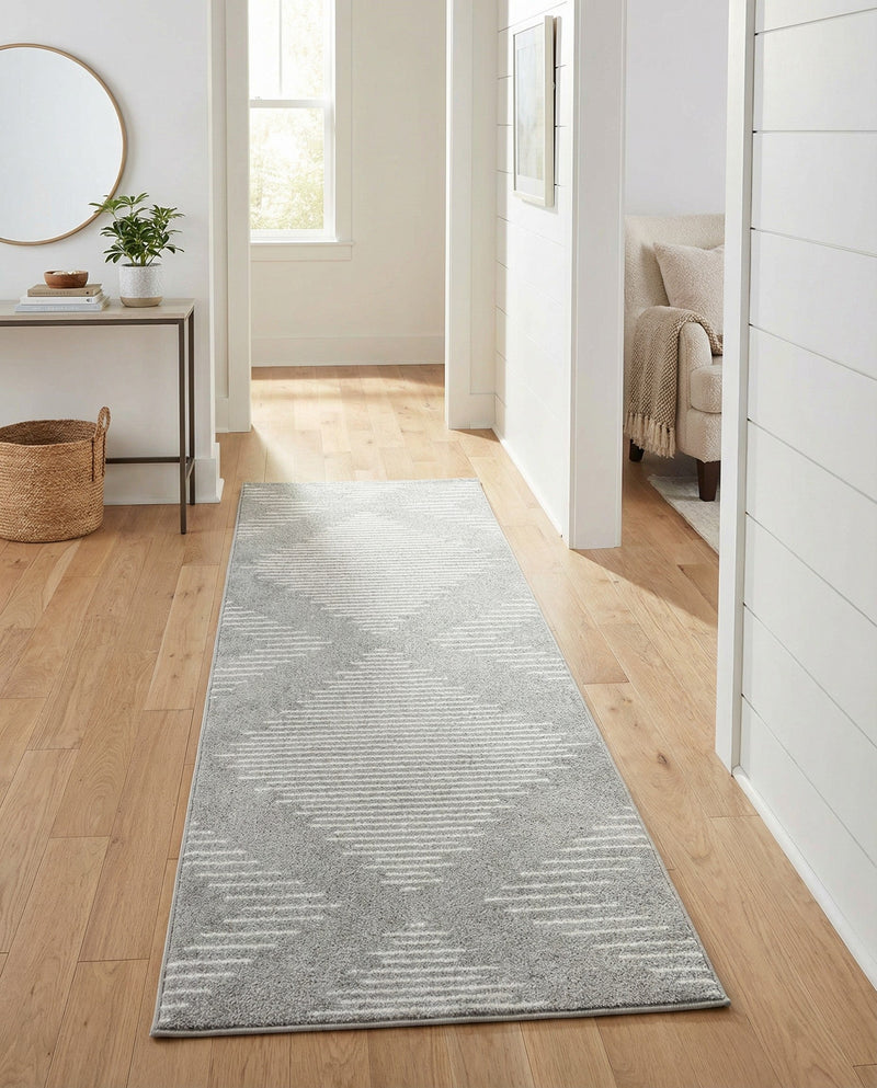 Seychelles Stripes Collection Area Rug - Mahe (Gray and Ivory) Runner Gray and Ivory  lifestyle 30