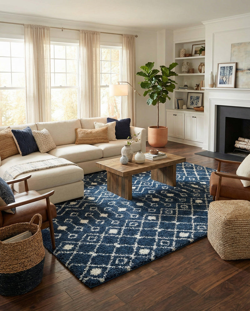 Berber Lattice Shag Collection Area Rug - Atlas (Navy Blue) Rectangle Navy Blue  lifestyle 11