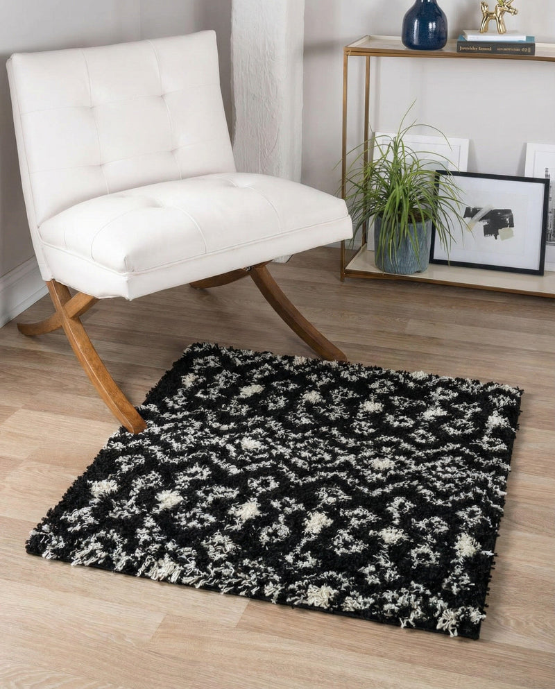 Berber Lattice Shag Collection Area Rug - Atlas (Black and White) Square Black and White  lifestyle 36