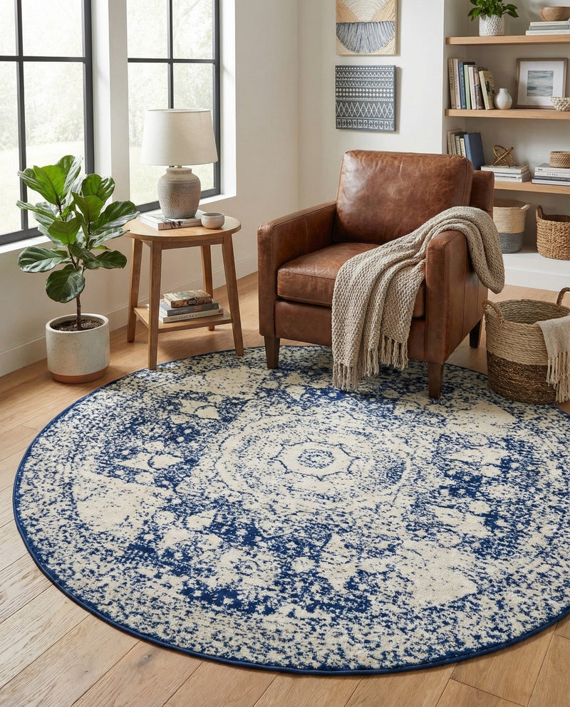 Dover Terrace Collection Area Rug -  Lagoon (Ivory and Blue) Round Ivory and Blue  lifestyle 42