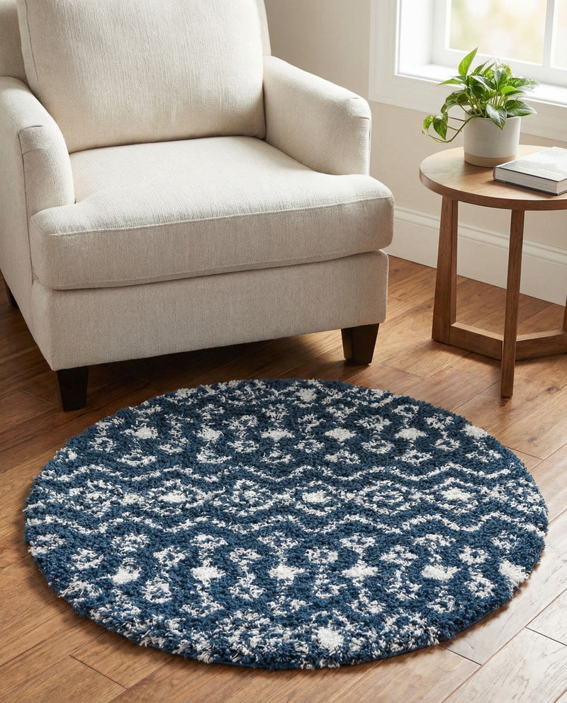 Berber Lattice Shag Collection Area Rug - Atlas (Navy Blue) Round Navy Blue  lifestyle 50