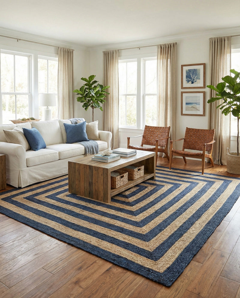 Woven Seaside Jute Collection Area Rug - Nautilus Square Navy Blue Natural  lifestyle 31