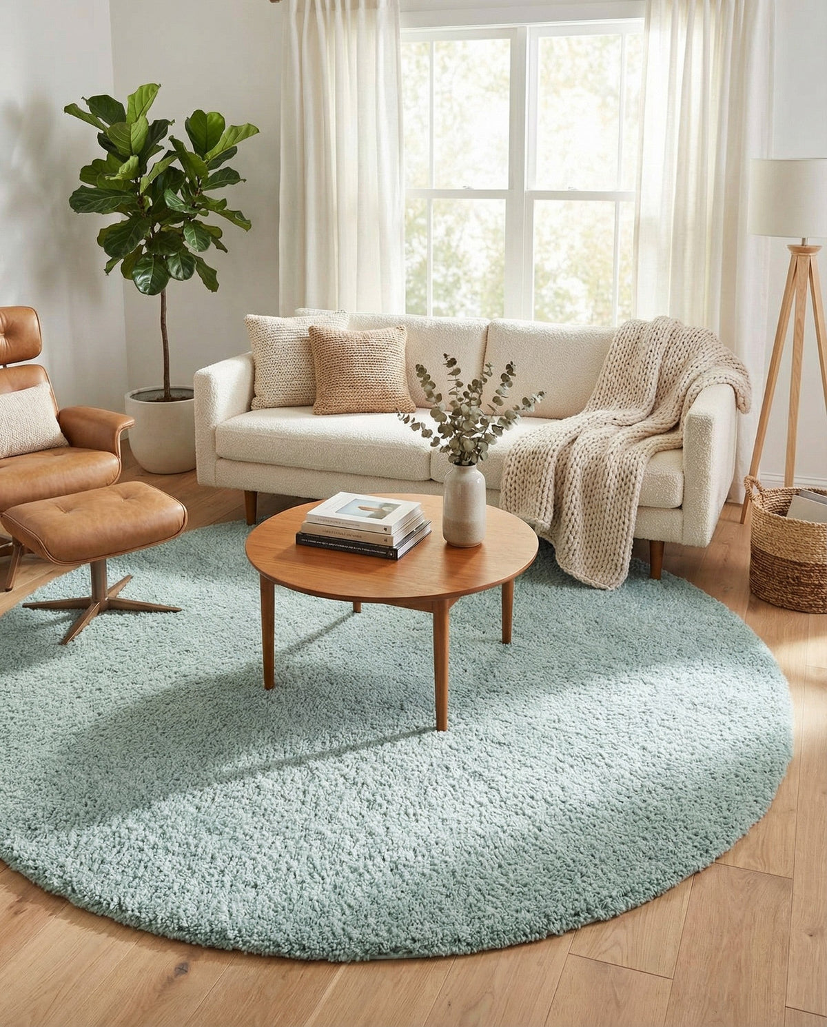 Cozy Comfort Shag Collection Area Rug - Haven (Sage Green) Round Sage Green  lifestyle 36