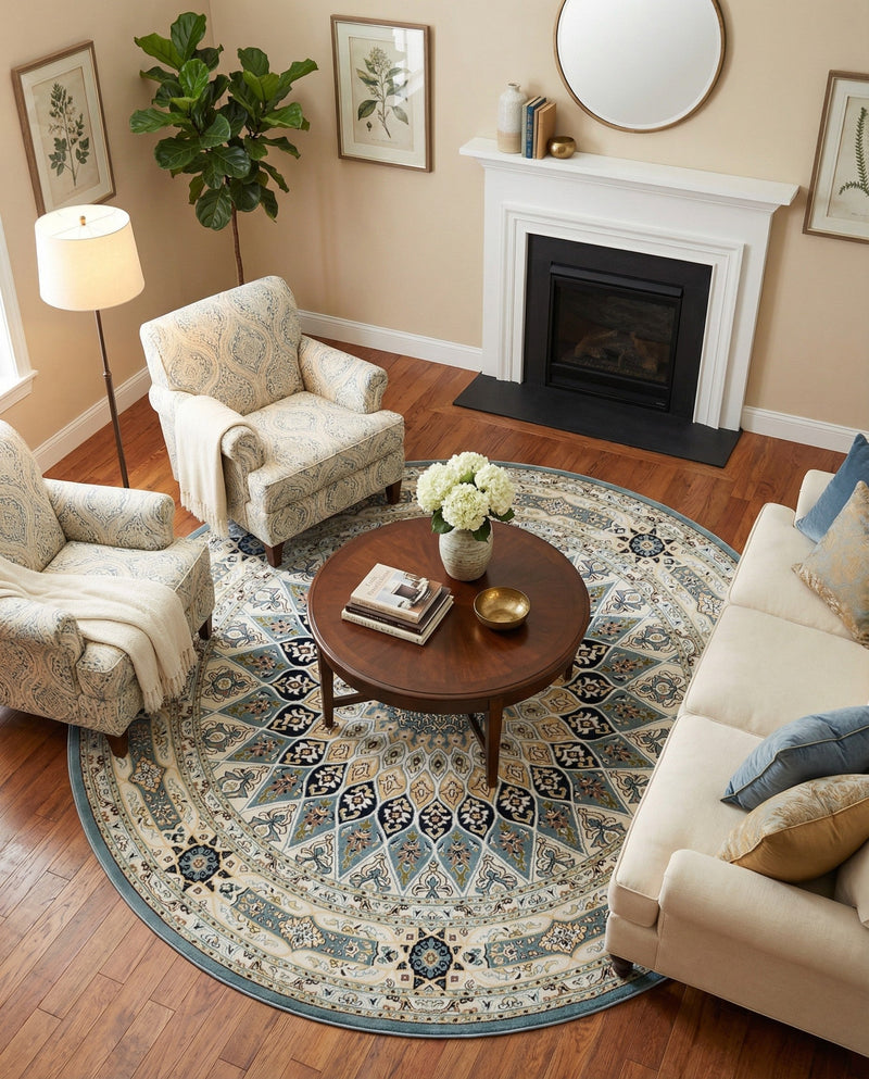 Persian Elegance Collection Area Rug -  Hamedan (Blue) Round Blue  lifestyle 30