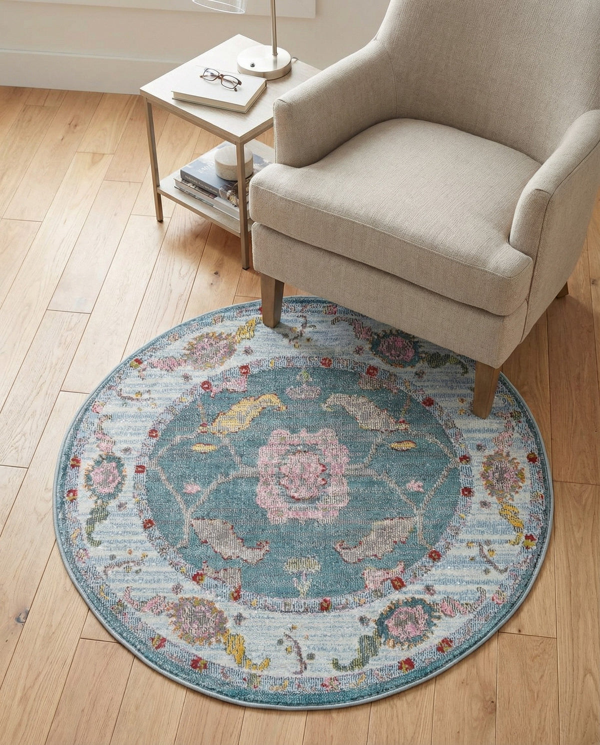 Arcadia Rugs Collection Area Rug - Eden (Gray and Blue) Round Gray and Blue  lifestyle 84