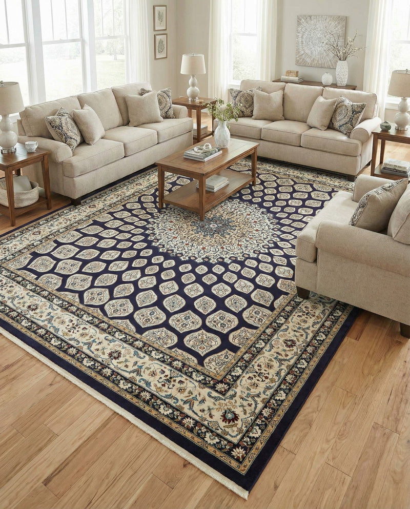 Persian Elegance Collection Area Rug -  Zanjan Rectangle Navy Blue  lifestyle 15