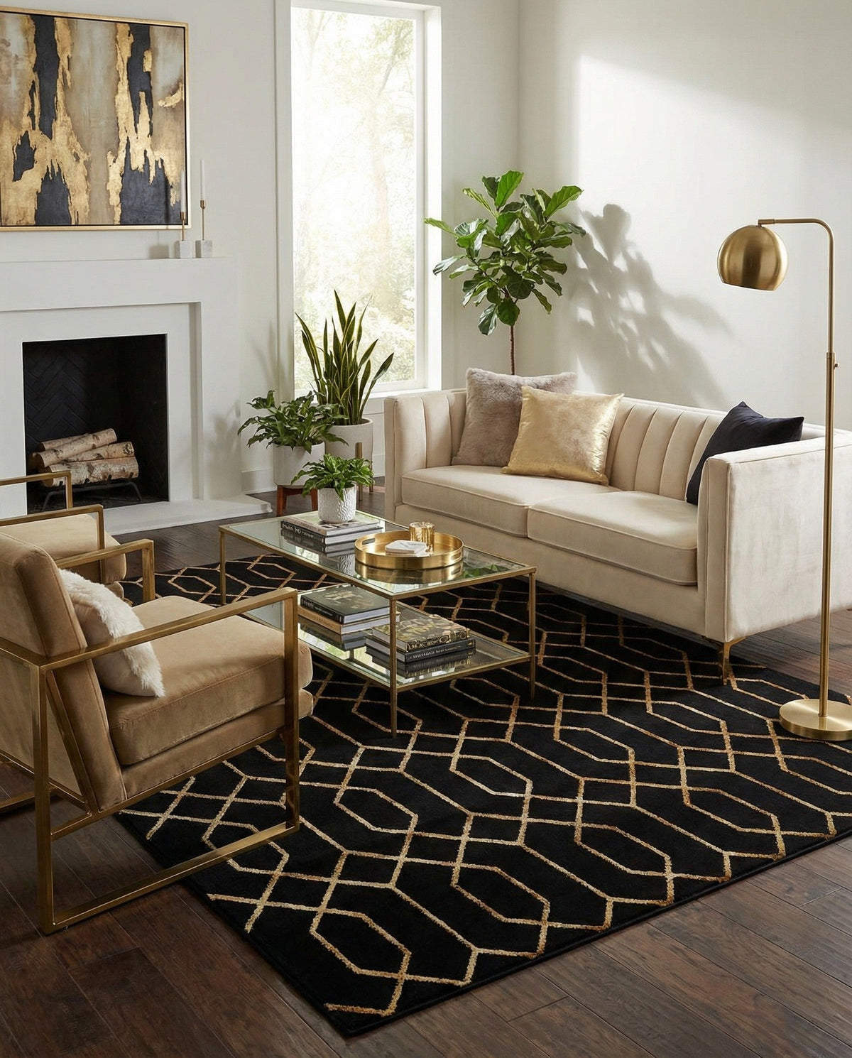 Hollywood Luxe Collection Area Rug - Sunset Rectangle Black and Gold  lifestyle 87