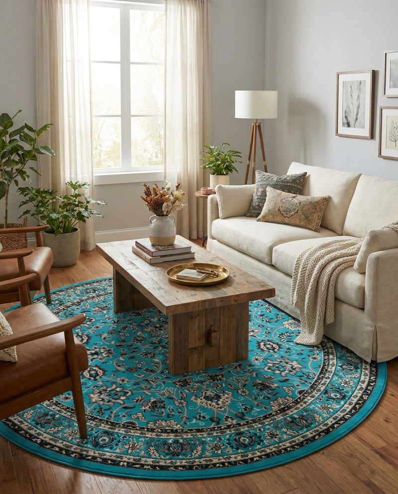 Isfahan Elegance Collection Area Rug - Naghsh-e Jahan (Turquoise) Round Turquoise  lifestyle 26