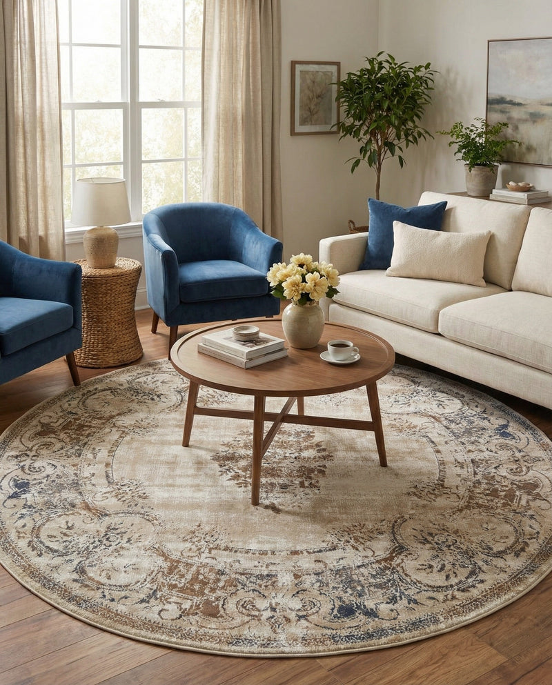 Coastal Manor Collection Area Rug -  Pierpoint Round Blue Cream  lifestyle 70