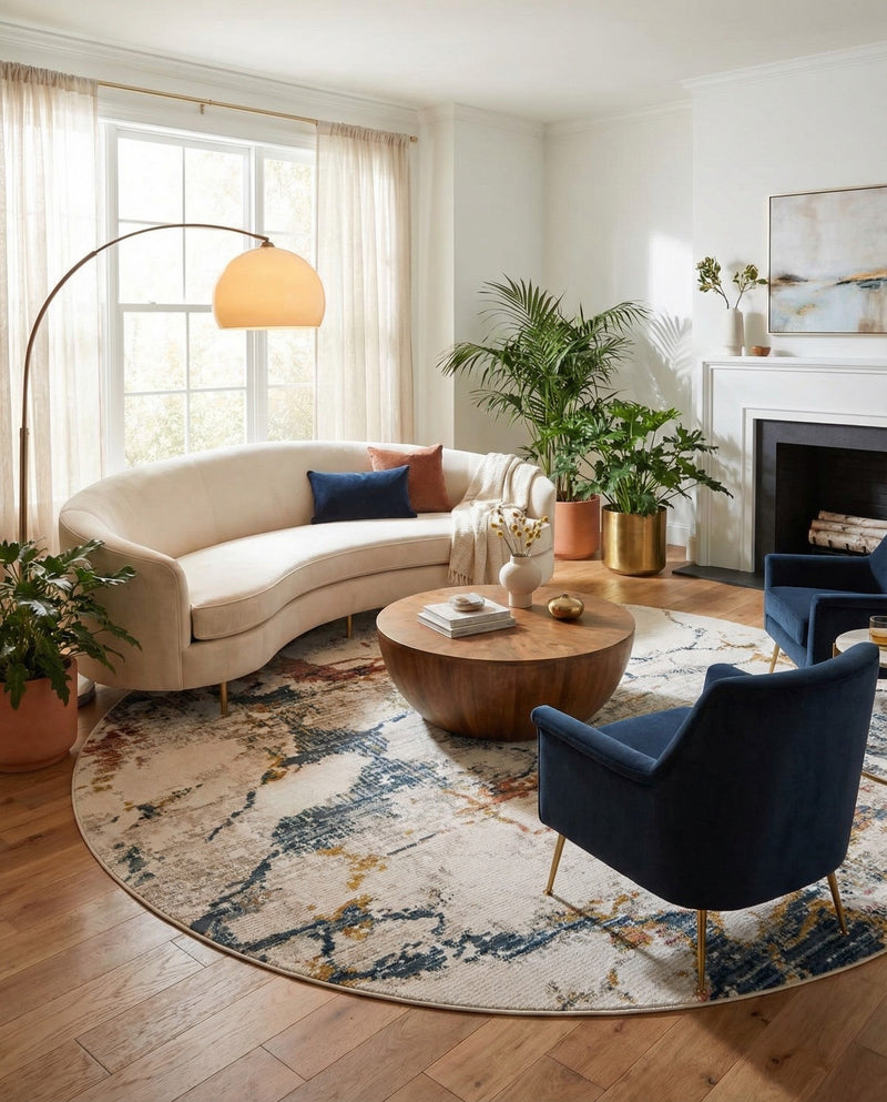 Jewel Oasis Collection Area Rug -  Opaline Round White Navy  lifestyle 46