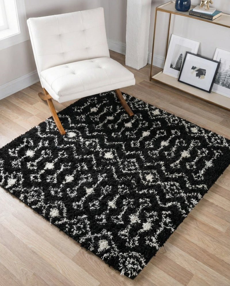 Berber Lattice Shag Collection Area Rug - Atlas (Black and White) Square Black and White  lifestyle 38
