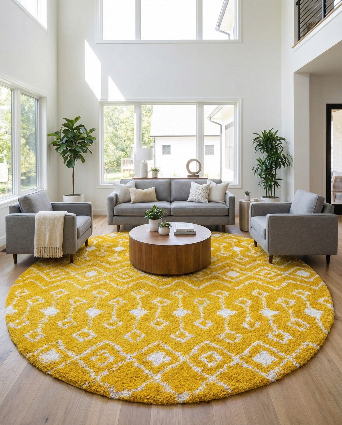 Berber Lattice Shag Collection Area Rug - Atlas (Yellow) Round Yellow  lifestyle 41