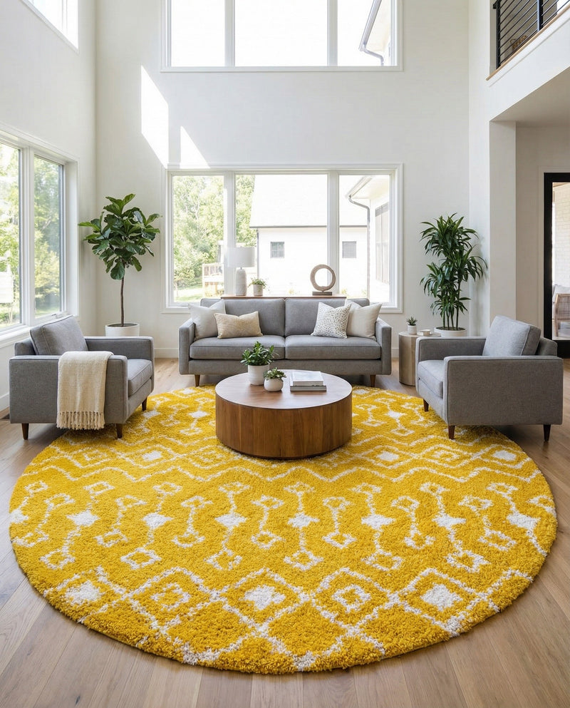Berber Lattice Shag Collection Area Rug - Atlas (Yellow) Round Yellow  lifestyle 41
