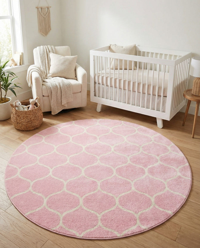 Trellis Mosaic Collection Area Rug -  Pergolatown (Light Pink) Round Light Pink  lifestyle 46