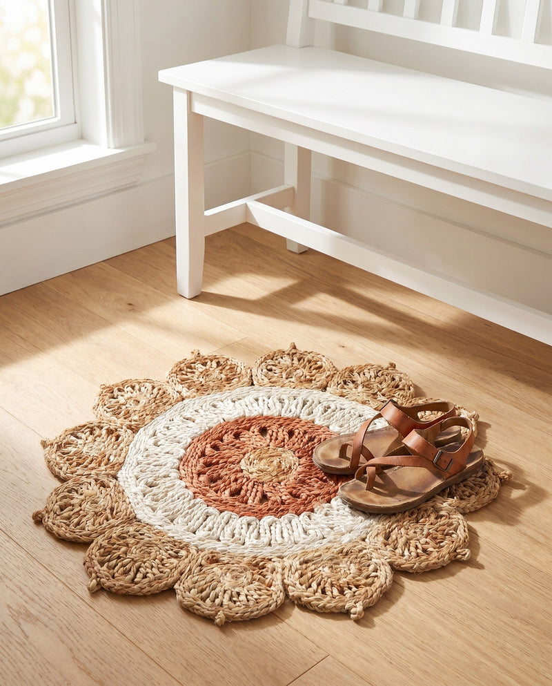 Woven Seaside Jute Collection Area Rug - Coastalhaven (Natural White Orange Pink) Round Natural White Orange Pink  lifestyle 30