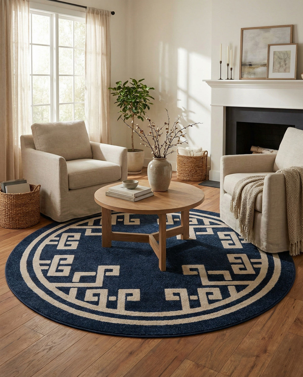 Aegean Labyrinth Collection Area Rug -  Rhodes Round Dark Blue  lifestyle 96