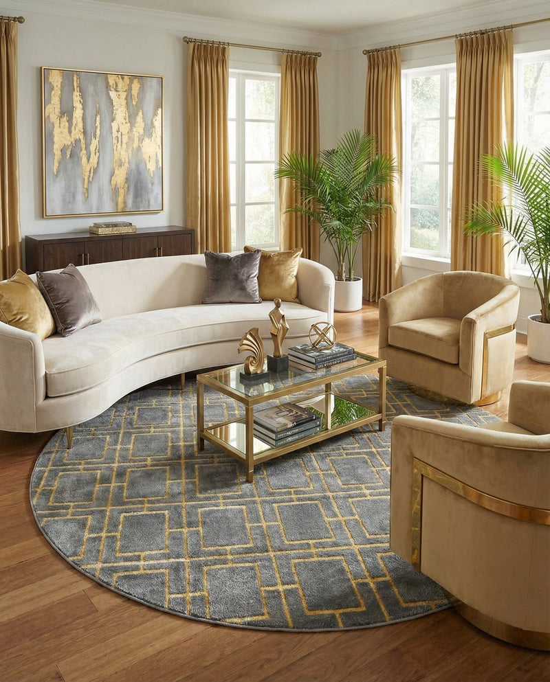 Hollywood Luxe Collection Area Rug -  Beverly (Gray Gold) Round Gray Gold  lifestyle 44