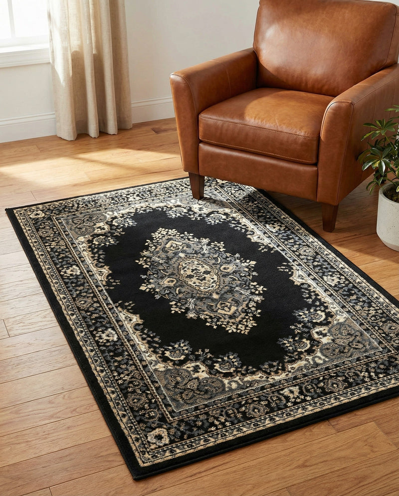 Tabriz Tapestry Collection Area Rug - Azerbaijan (Black) Rectangle Black  lifestyle 28