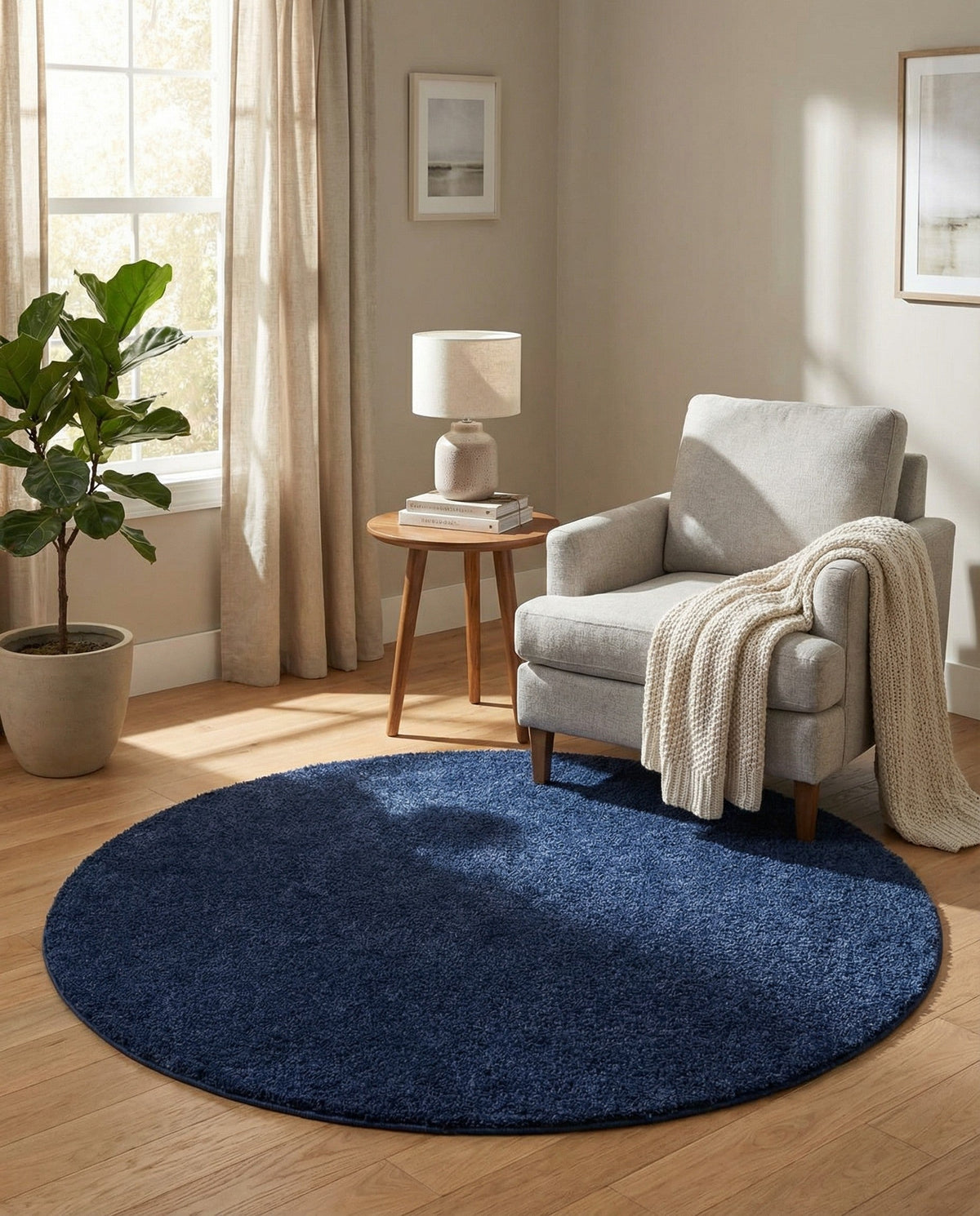 Solid Shag Seaside Collection Area Rug - Azure Cove (Navy Blue) Round Navy Blue  lifestyle 82