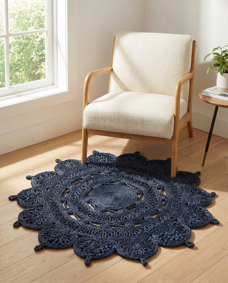 Woven Seaside Jute Collection Area Rug - Coastalhaven (Navy Blue) Round Navy Blue  lifestyle 16