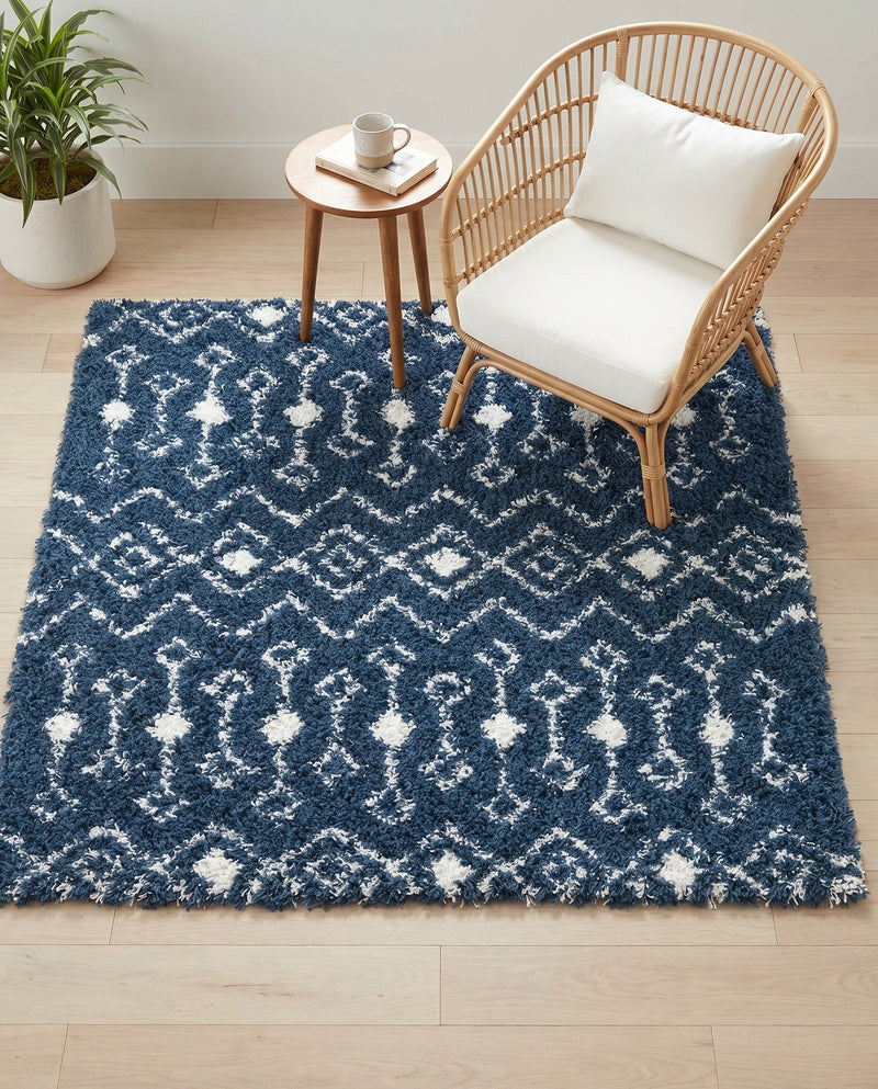 Berber Lattice Shag Collection Area Rug - Atlas (Navy Blue) Square Navy Blue  lifestyle 74