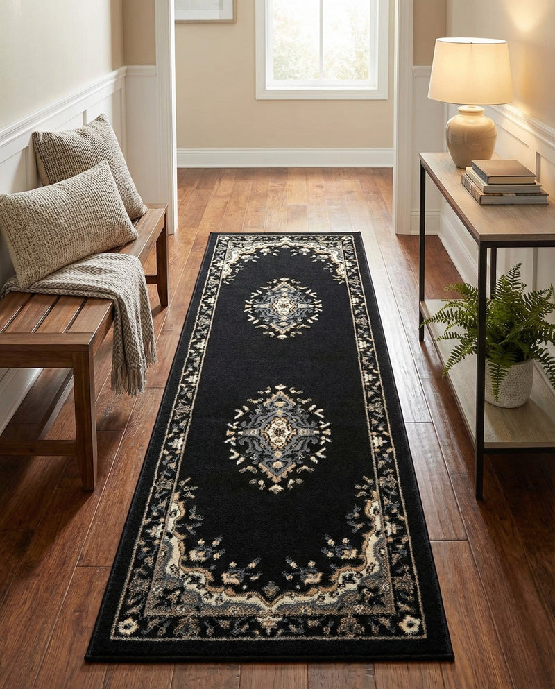 Tabriz Tapestry Collection Area Rug - Azerbaijan (Black) Runner Black  lifestyle 83