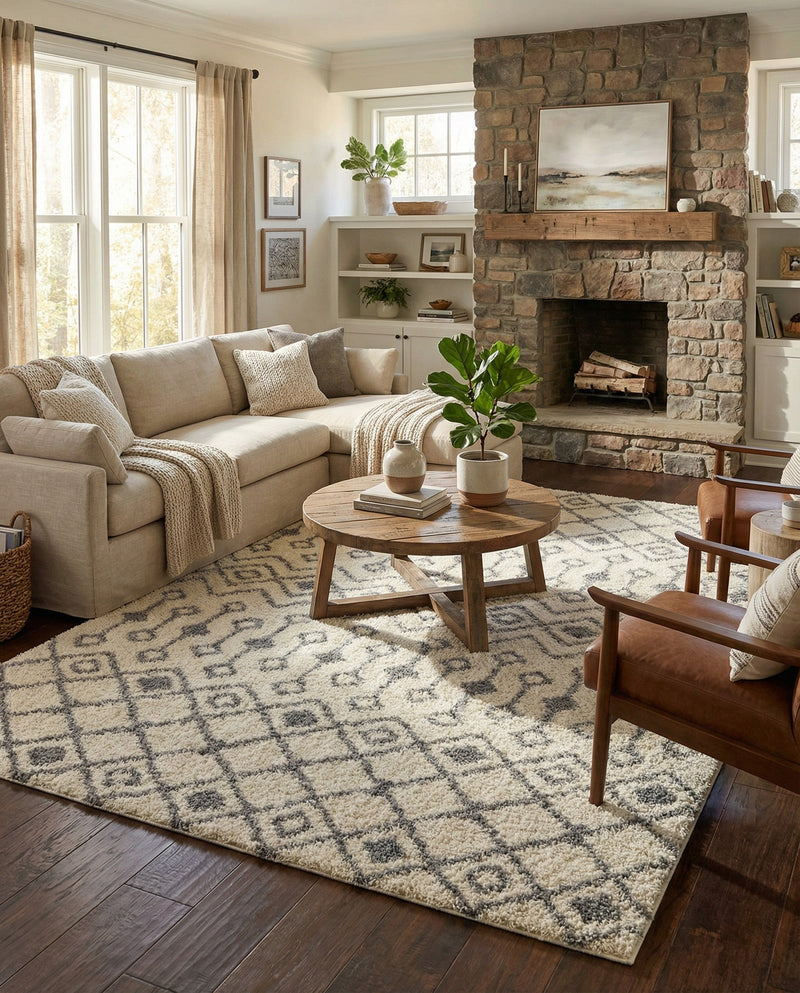Berber Lattice Shag Collection Area Rug - Atlas (Ivory) Rectangle Ivory  lifestyle 6