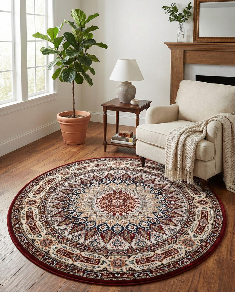 Persian Elegance Collection Area Rug -  Hamedan (Burgundy) Round Burgundy  lifestyle 38