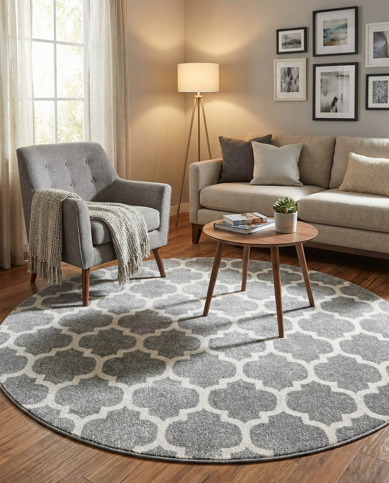 Lattice Gardens Collection Area Rug -  Bloomfield (Dark Gray) Round Dark Gray  lifestyle 32