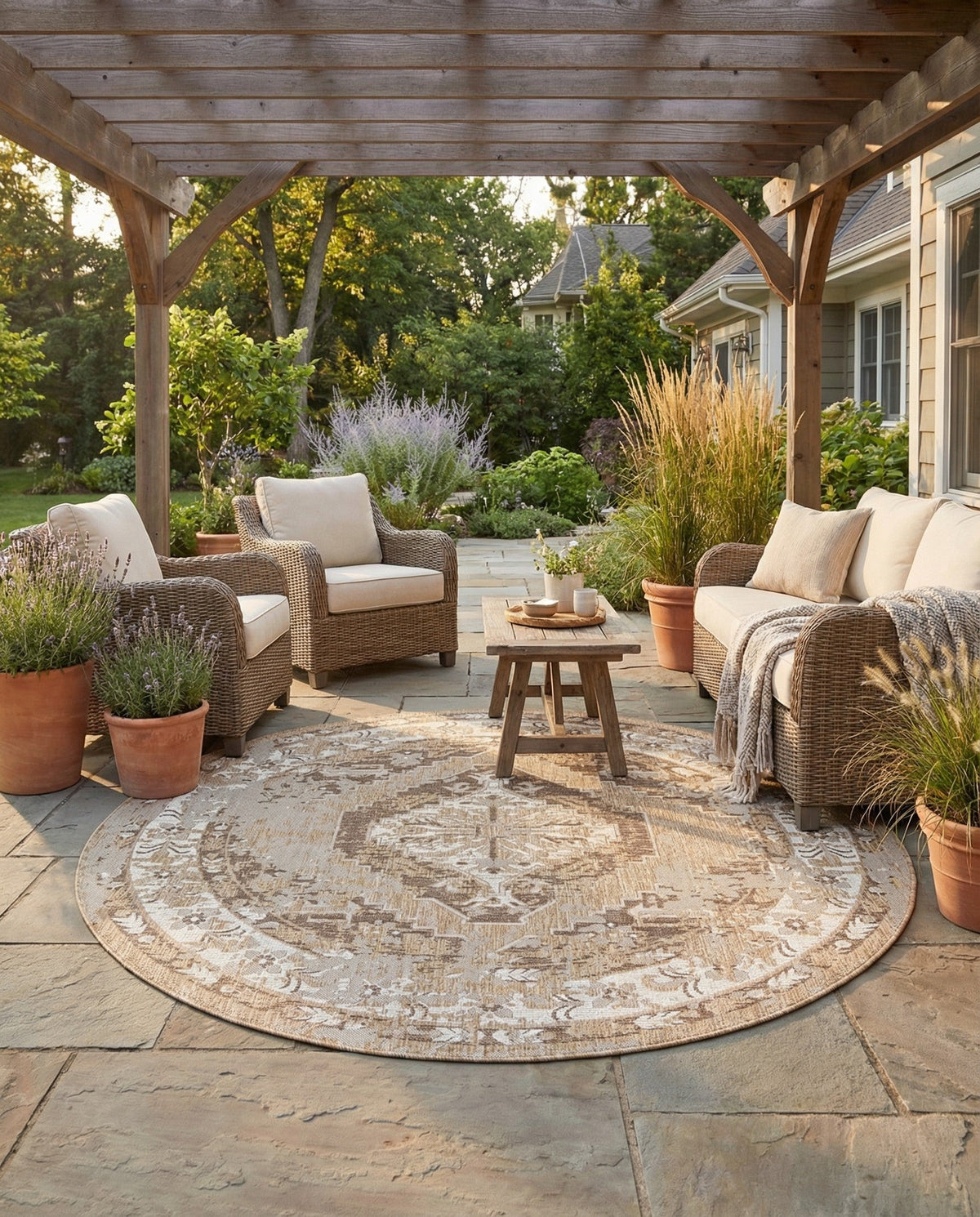 Patio Heritage Collection Area Rug -  Augusta (Natural) Round Natural  lifestyle 111